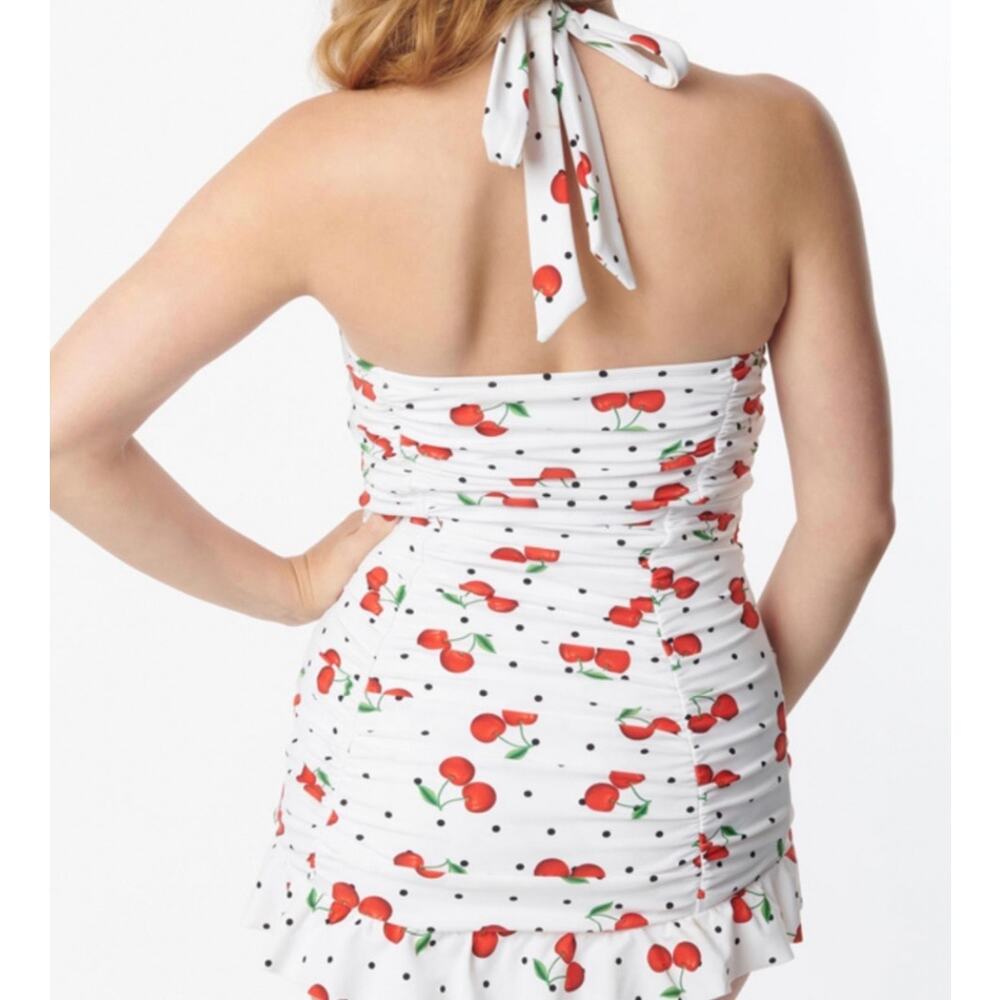 Unique Vintage White Cherry Print One-Piece Swimdress - Picture 3 of 7